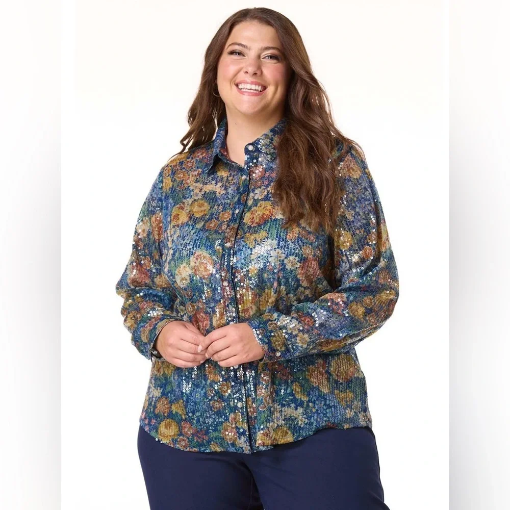 NWT Plus Size Floral Sequin Button-Up Shirt - Picture 1 of 6